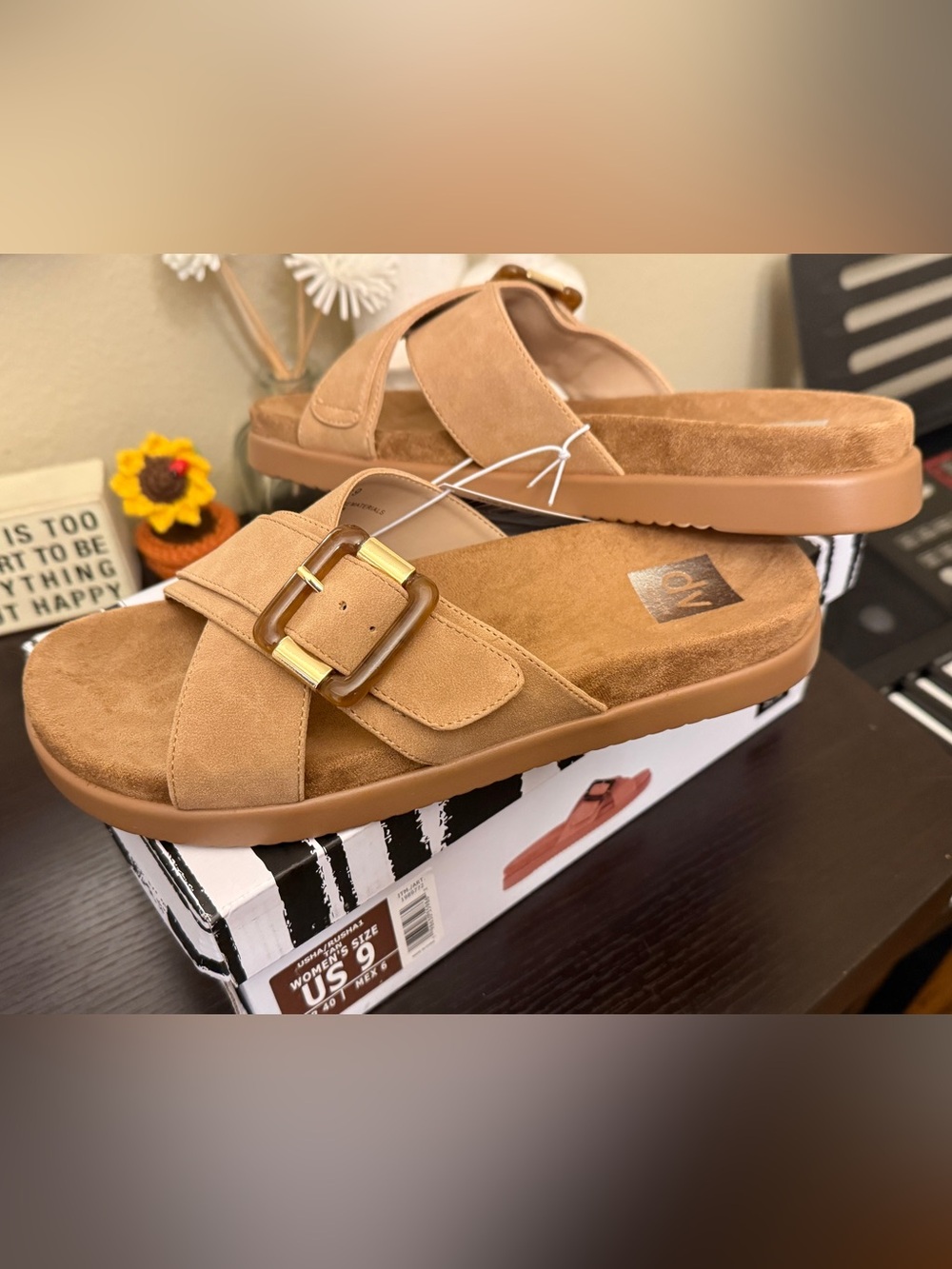 DV Dolce Vita USHA Faux Suede Buckle Slides Tan Womens Size 9 NIB